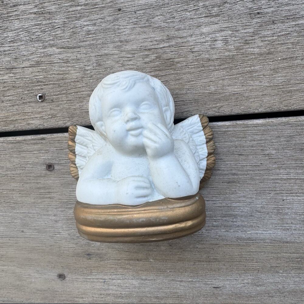 Cherub Angel Boy Thinking Sitting Statue White With Gold Base
